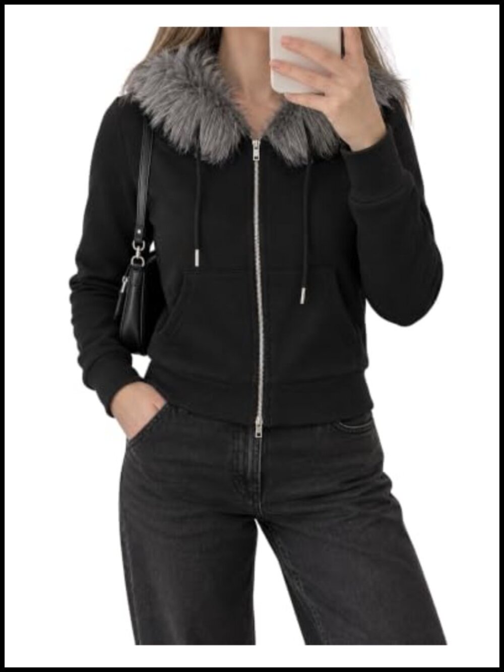 Faux Fur Trim Hoodie Cropped Sweatshirt Zip Up Jacket Y2K Vintage